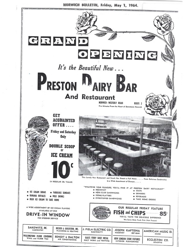 1964, The menu at the Preston Dairy Bar and Restaurant